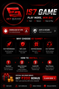 IS7 APK logo with red and black gaming design