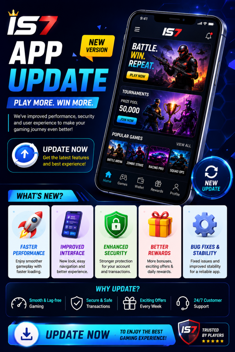 A promotional image of the IS7 App Update which includes new features, fast performance, security features, improved user interface, daily rewards and updated gaming mobile app design.